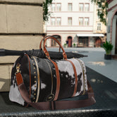 Cow Print Duffle Bag, Brown Leather Straps Bag, Spacious Carry-On Luggage, Animal Print Weekender Travel Bag, Cowhide Duffle Bag | 11222E