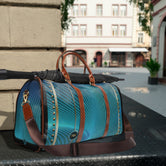 Turquoise Nazca Lines Duffle Bag, Waterproof Travel Bag, Spacious Carry-On Bag, Brown Leather Straps Bag, Weekender Travel Bag | 100047