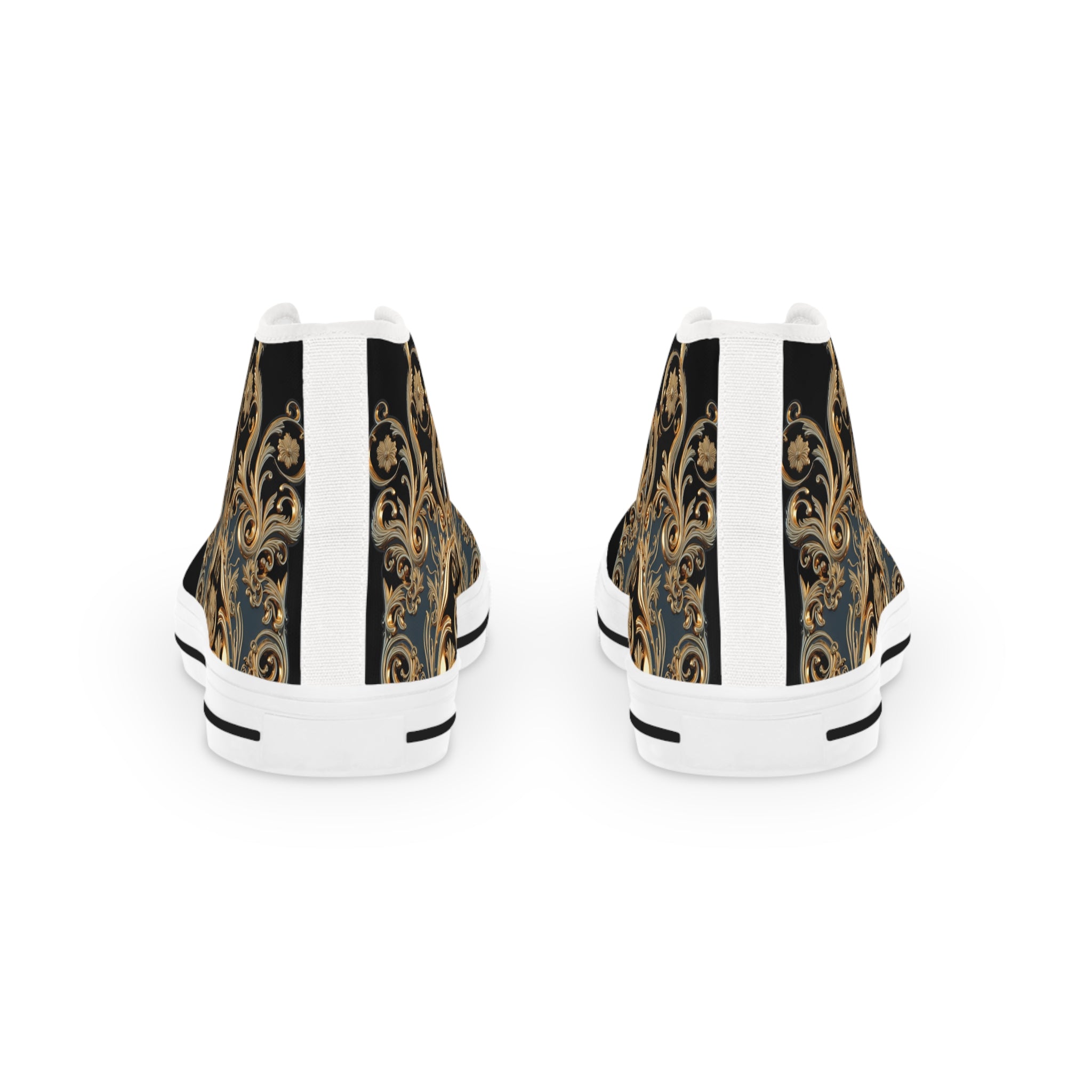 Trendy Hi Top Shoes, Unisex High Top Sneakers, Black Canvas Shoes, Golden Baroque Shoes, Unisex Hi Tops Shoes, Decorative Gold Sneakers