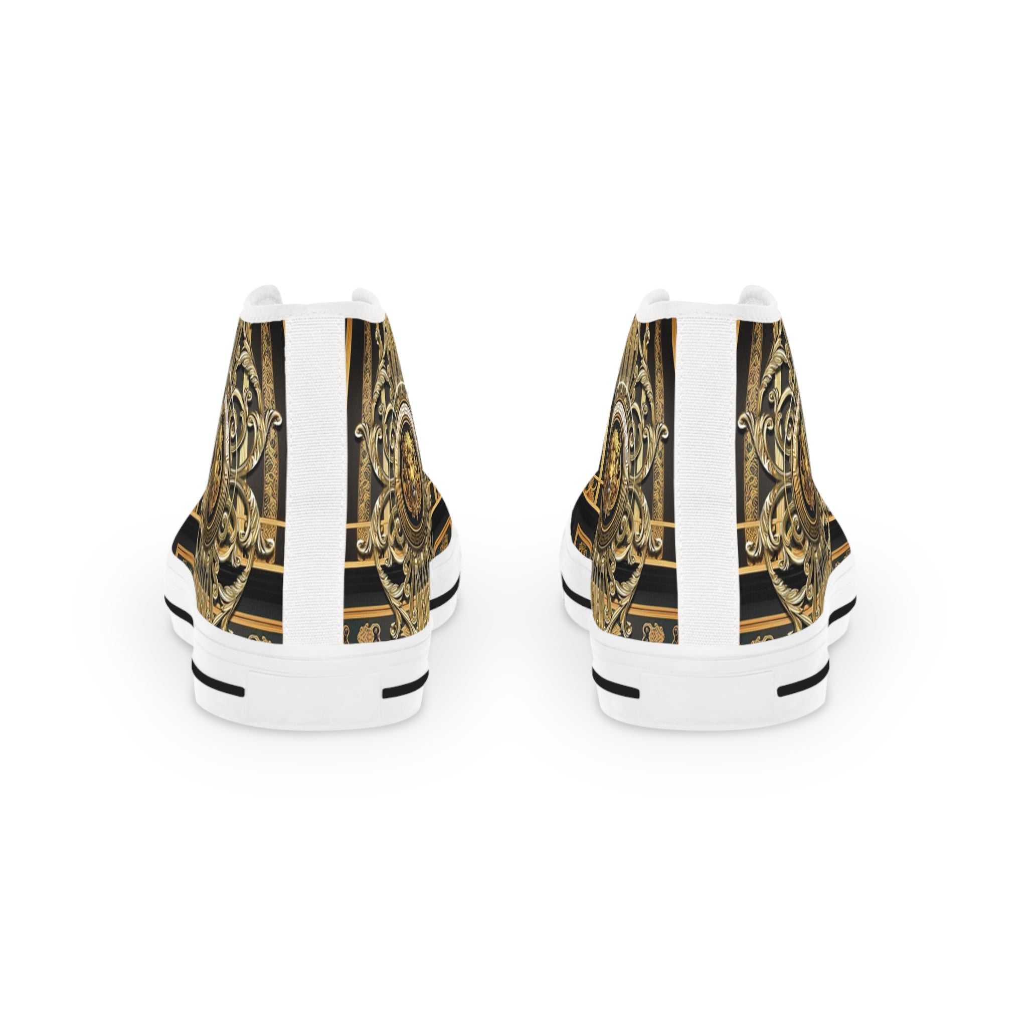 Ornate Golden Shoes, Trendy High Top Sneakers, Black & White Canvas Shoes, Unisex Fashionable Sneakers, Baroque Canvas Shoes | D20225
