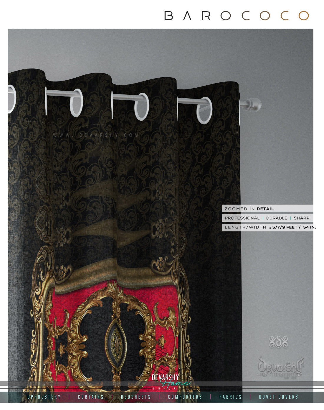 Opulence Of Sicily, Red Baroque PREMIUM Curtain. Available on 12 Fabrics. Made to Order. 100338