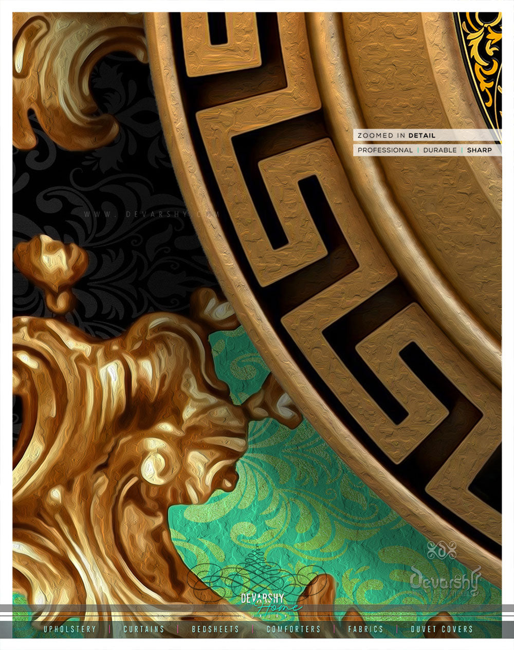 Opulence Of Sicily, Green Baroque PREMIUM Curtain. Available on 12 Fabrics. Made to Order. 100340