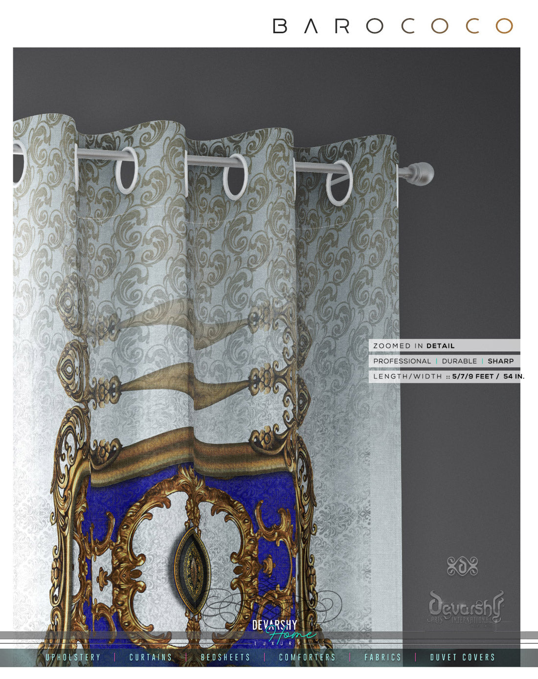 Opulence Of Sicily, White Baroque PREMIUM Curtain. Available on 12 Fabrics. Made to Order. 100341