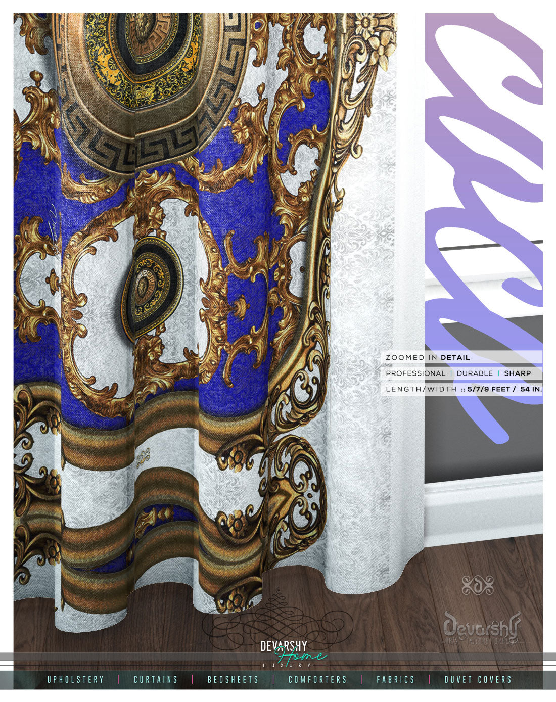 Opulence Of Sicily, White Baroque PREMIUM Curtain. Available on 12 Fabrics. Made to Order. 100341