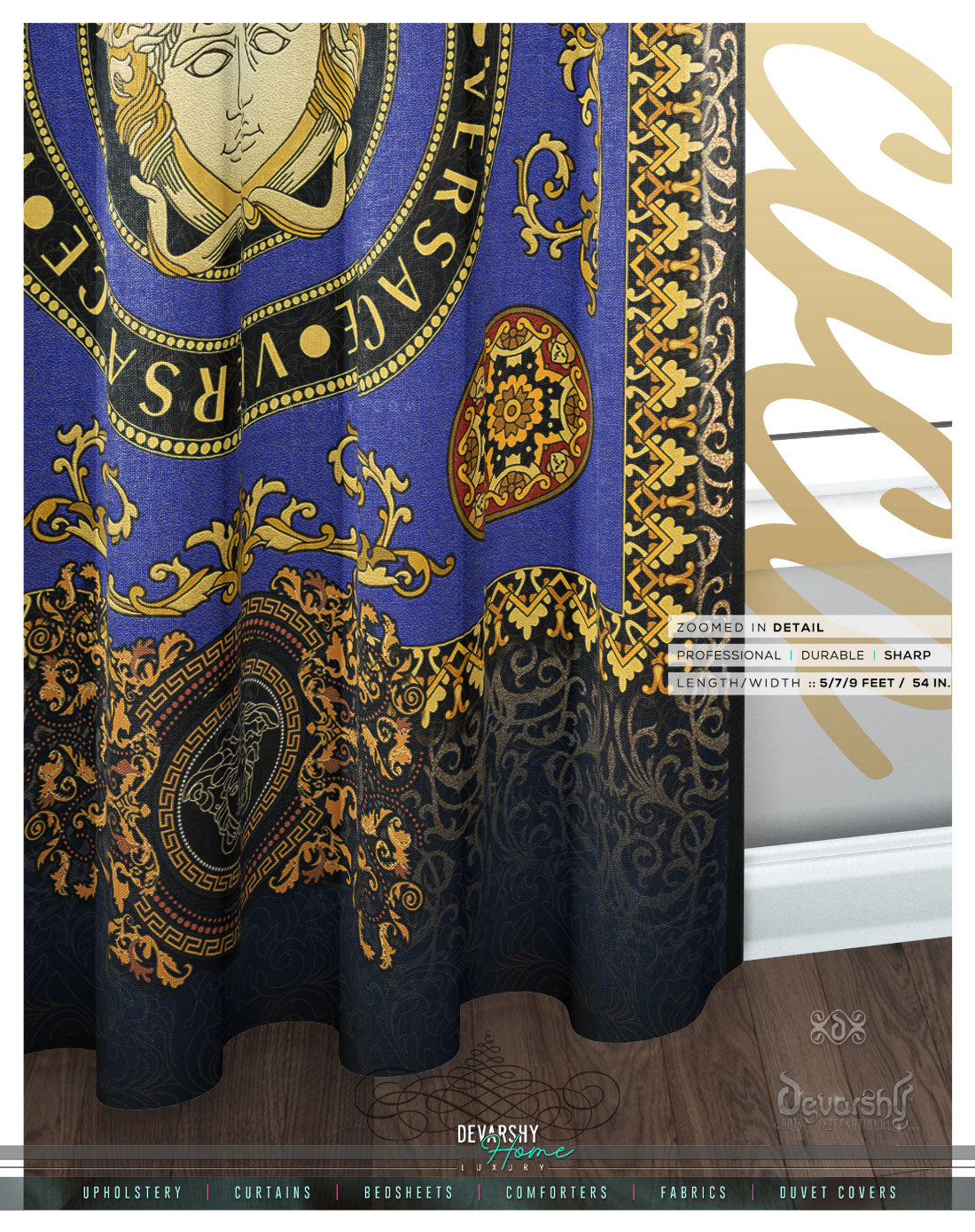 Gold Opulence Baroque PREMIUM Curtain. Available on 12 Fabrics. Made to Order. 100344