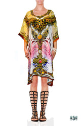 Ornate Pink Pure Silk Kaftan, Crystals Embellished Caftan, Short Silk Kaftan - 1011A