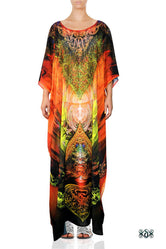 LA Futurismo Fiery Furnace Devarshy Crystals Embellished Long Printed Kaftan - 1052B