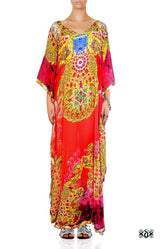 Scarlet Ornate Long Kaftan, Crystals Embellished Caftan, Red Georgette Kaftan - 1067D