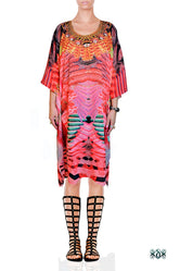 Colorful Feathers Short Kaftan, Crystals Embellished Caftan, Short Georgette Kaftan - 1075A