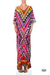 Devarshy Pink Aztec Pattern Crystals Embellished Long Georgette Kaftan - 1076A