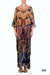 Dark Intricate Long Kaftan, Crystals Embellished Caftan, Long Georgette Kaftan - 1113A