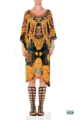 Dark Ornamental Kaftan, Short Georgette Kaftan, Crystals Embellished Caftan - 1116A