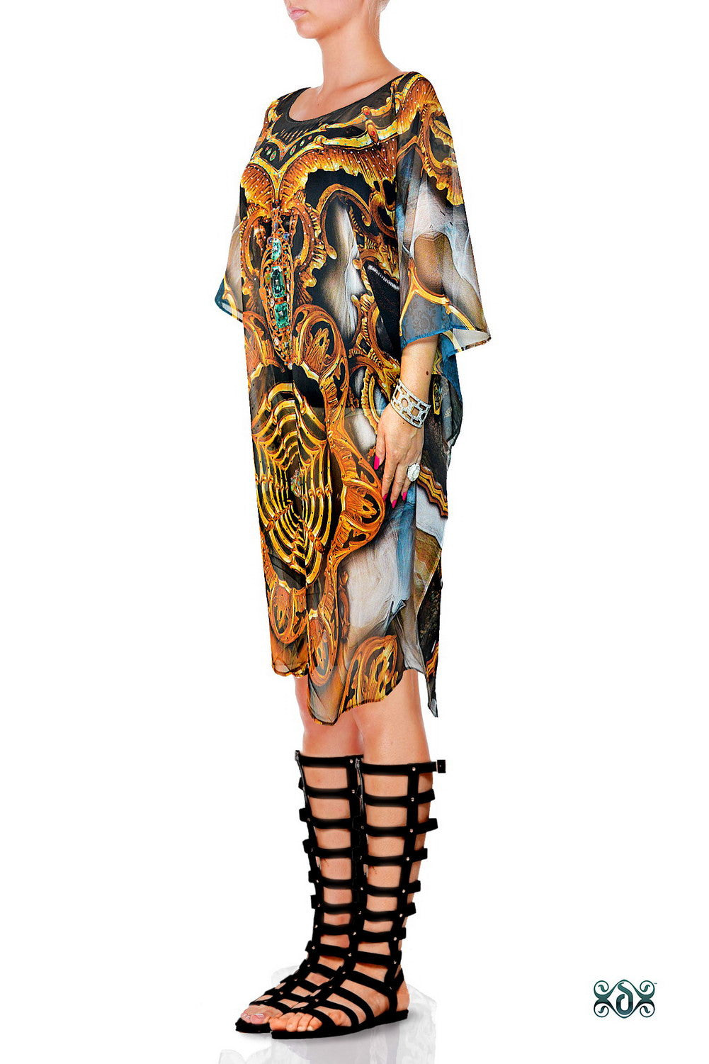 Devarshy Cobweb Ornate Embellished Kaftan, Short Kaftan, Georgette Kaftan - 1117D