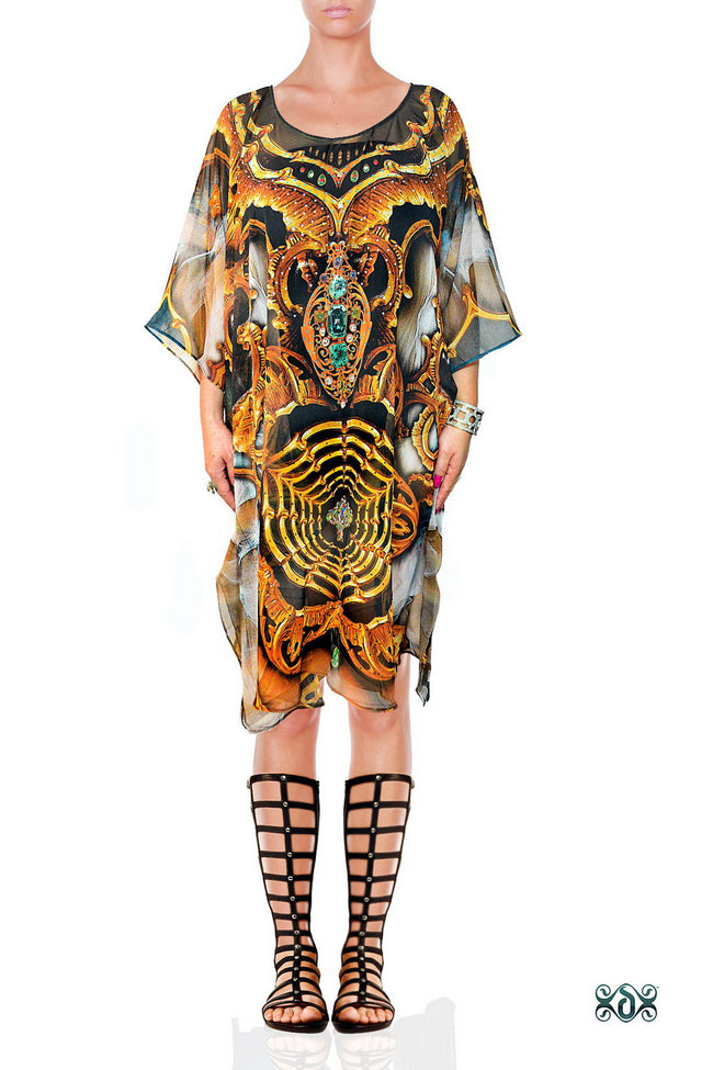 Devarshy Cobweb Ornate Embellished Kaftan, Short Kaftan, Georgette Kaftan - 1117D