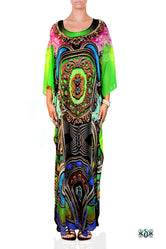 Neon Green Long Kaftan, Crystals Embellished Caftan, Long Georgette Kaftan - 1125B