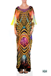 Vibrant Scenic Long Kaftan, Crystals Embellished Caftan, Long Georgette Kaftan - 1129A