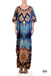 Blue Ornamental Kaftan, Crystals Embellished Caftan, Long Georgette Kaftan - 1043A