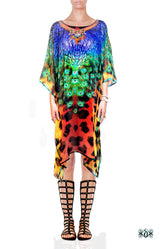 Cheetah Peacock Pure Silk Kaftan, Crystals Embellished Caftan, Short Silk Kaftan