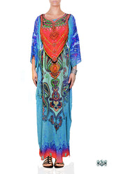 INDICA MAGNIFICA Aqua Paisleys Crystals Embellished Long Devarshy Kaftan