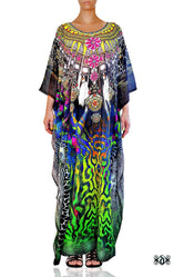 NATURE MORTE Green Animal Print Devarshy Long Embellished Kaftan - 002A