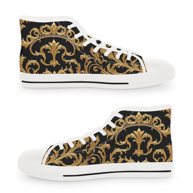 Black Gold Shoes, Unisex High Top Sneakers, Black & White Canvas Shoes, Ornate Baroque Shoes, Unisex Canvas Shoes | 00019