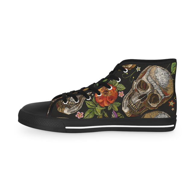 Embroidery Skulls Shoes, Unisex High Top Sneakers, Skulls and Floral Print Shoes, Unisex Canvas Shoes, Skulls Sneakers, Hi Tops Canvas Shoes | D20045