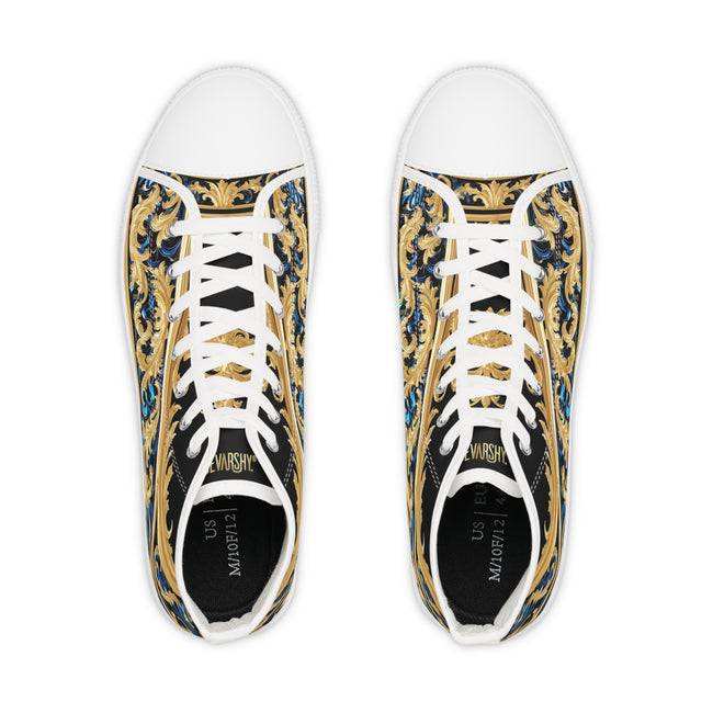 Decorative Canvas Shoes, Unisex High Top Sneakers, Black & White Canvas Shoes, Ornate Unisex Sneakers, Golden Baroque Shoes | X3370B