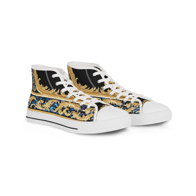 Decorative Canvas Shoes, Unisex High Top Sneakers, Black & White Canvas Shoes, Ornate Unisex Sneakers, Golden Baroque Shoes | X3370B