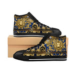 Golden Lion Shoes, Men's High-top Sneakers, Blue Canvas Shoes, Baroque Lion Sneakers, Trendy Animal Print Shoes, Baroque Lion Shoes | D20138