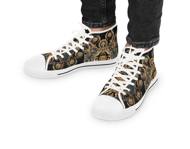 Trendy Hi Top Shoes, Unisex High Top Sneakers, Black Canvas Shoes, Golden Baroque Shoes, Unisex Hi Tops Shoes, Decorative Gold Sneakers