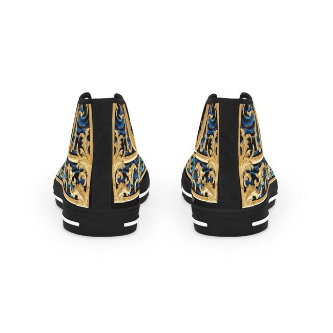 Decorative Canvas Shoes, Unisex High Top Sneakers, Black & White Canvas Shoes, Ornate Unisex Sneakers, Golden Baroque Shoes | X3370B