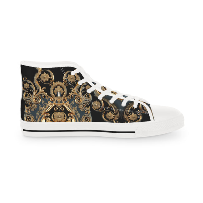 Trendy Hi Top Shoes, Unisex High Top Sneakers, Black Canvas Shoes, Golden Baroque Shoes, Unisex Hi Tops Shoes, Decorative Gold Sneakers