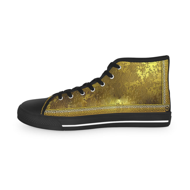 Golden Greek Key Shoes, Trendy High Top Sneakers, Golden Canvas Shoes, Golden Sneakers, Unisex Hi Tops Shoes, Greek Key Sneakers | X3349A