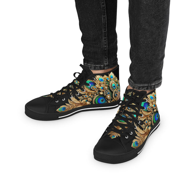 Peacock Print Shoes, High Top Sneakers, Unisex Canvas Shoes, Fashionable Sneakers, Trendy Canvas Shoes, Peacock Feathers Sneakers | X3456