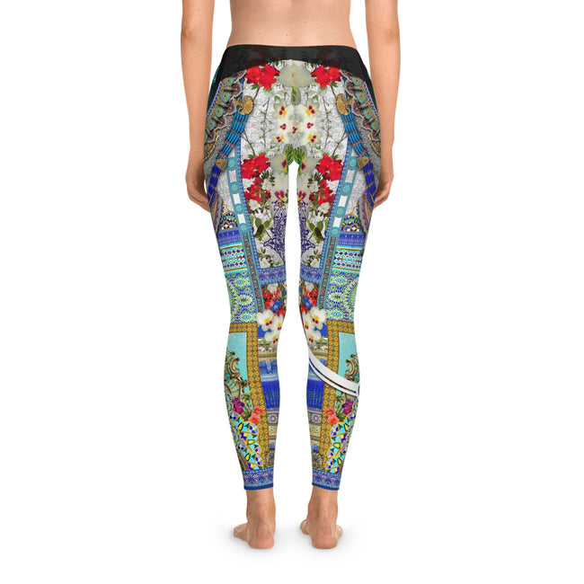 Blue Florals Leggings Women Casual Wear Leggings Aqua Fez Spandex Leggings Floral Print Lounge Wear Leggings | Fifty002