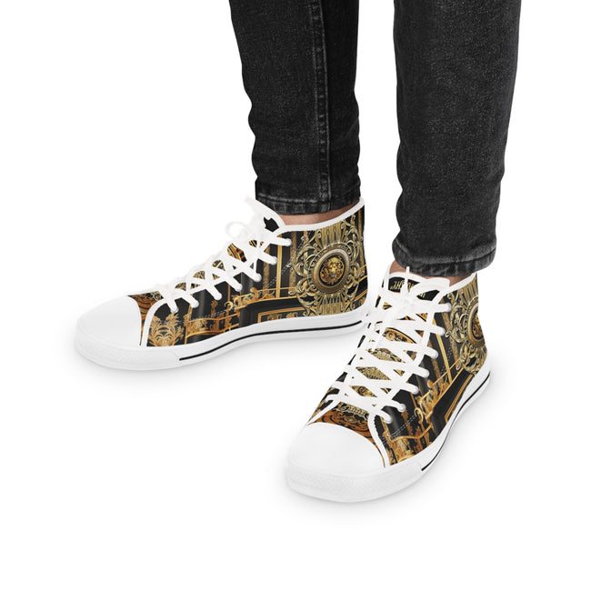 Ornate Golden Shoes, Trendy High Top Sneakers, Black & White Canvas Shoes, Unisex Fashionable Sneakers, Baroque Canvas Shoes | D20225