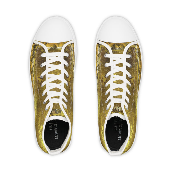 Golden Greek Key Shoes, Trendy High Top Sneakers, Golden Canvas Shoes, Golden Sneakers, Unisex Hi Tops Shoes, Greek Key Sneakers | X3349A