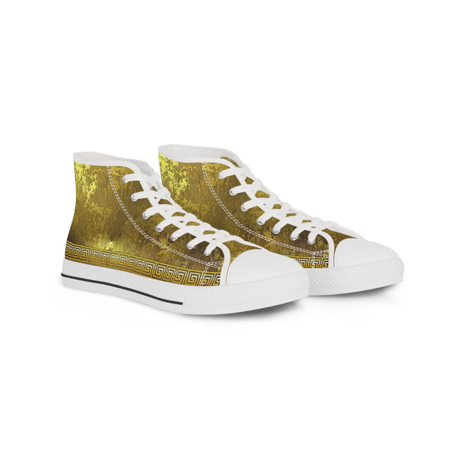 Golden Greek Key Shoes, Trendy High Top Sneakers, Golden Canvas Shoes, Golden Sneakers, Unisex Hi Tops Shoes, Greek Key Sneakers | X3349A