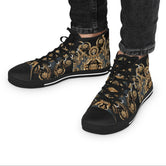 Trendy Hi Top Shoes, Unisex High Top Sneakers, Black Canvas Shoes, Golden Baroque Shoes, Unisex Hi Tops Shoes, Decorative Gold Sneakers