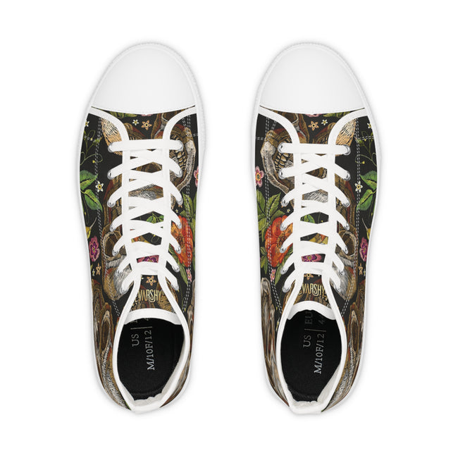 Embroidery Skulls Shoes, Unisex High Top Sneakers, Skulls and Floral Print Shoes, Unisex Canvas Shoes, Skulls Sneakers, Hi Tops Canvas Shoes | D20045