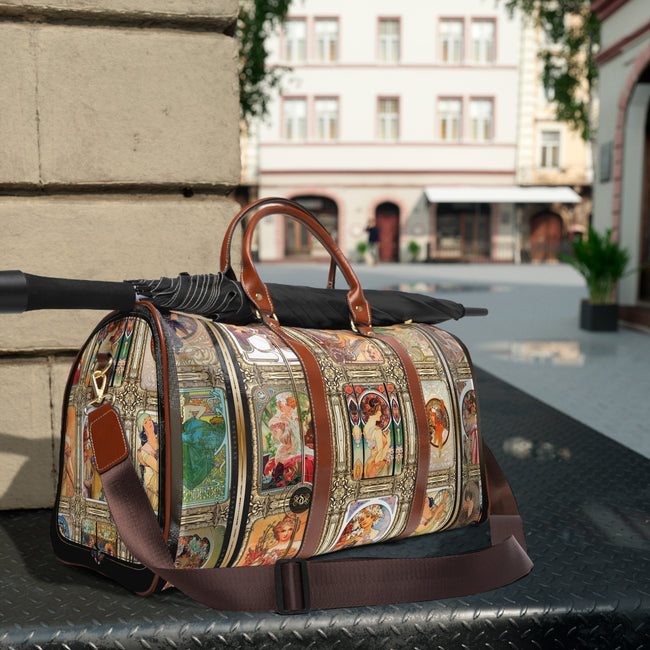 Art Nouveau Duffel Bag, Mucha Weekender Travel Bag, Classic Art Print Duffel Bag, Elegant Vintage Art Overnight Tote with Brown Leather Straps | 99005