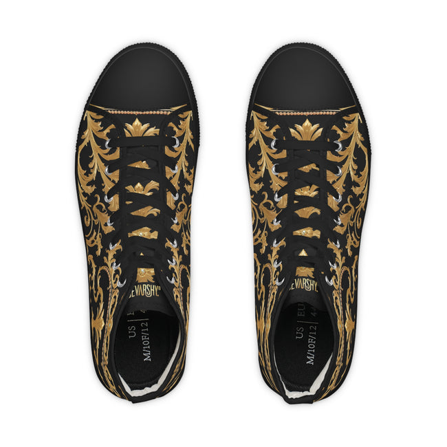 Black Gold Shoes, Unisex High Top Sneakers, Black & White Canvas Shoes, Ornate Baroque Shoes, Unisex Canvas Shoes | 00019