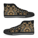 Trendy Hi Top Shoes, Unisex High Top Sneakers, Black Canvas Shoes, Golden Baroque Shoes, Unisex Hi Tops Shoes, Decorative Gold Sneakers