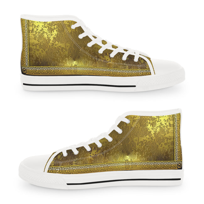 Golden Greek Key Shoes, Trendy High Top Sneakers, Golden Canvas Shoes, Golden Sneakers, Unisex Hi Tops Shoes, Greek Key Sneakers | X3349A