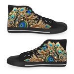 Peacock Print Shoes, High Top Sneakers, Unisex Canvas Shoes, Fashionable Sneakers, Trendy Canvas Shoes, Peacock Feathers Sneakers | X3456