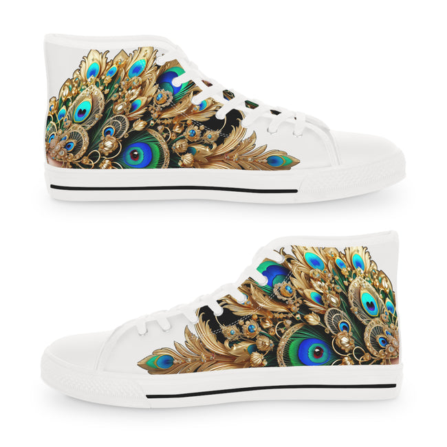 Peacock Print Shoes, High Top Sneakers, Unisex Canvas Shoes, Fashionable Sneakers, Trendy Canvas Shoes, Peacock Feathers Sneakers | X3456