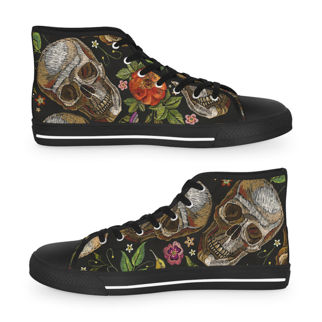 Embroidery Skulls Shoes, Unisex High Top Sneakers, Skulls and Floral Print Shoes, Unisex Canvas Shoes, Skulls Sneakers, Hi Tops Canvas Shoes | D20045