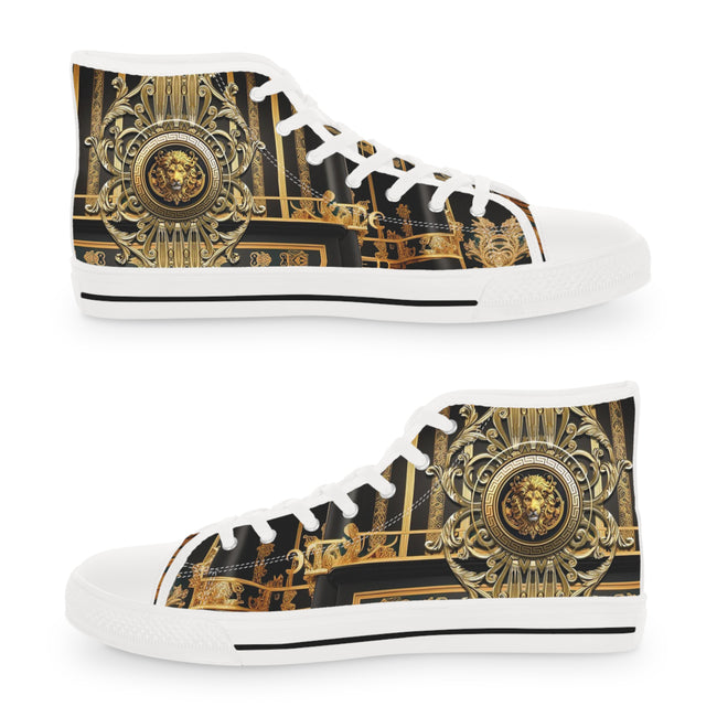 Ornate Golden Shoes, Trendy High Top Sneakers, Black & White Canvas Shoes, Unisex Fashionable Sneakers, Baroque Canvas Shoes | D20225