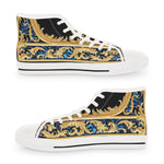 Decorative Canvas Shoes, Unisex High Top Sneakers, Black & White Canvas Shoes, Ornate Unisex Sneakers, Golden Baroque Shoes | X3370B