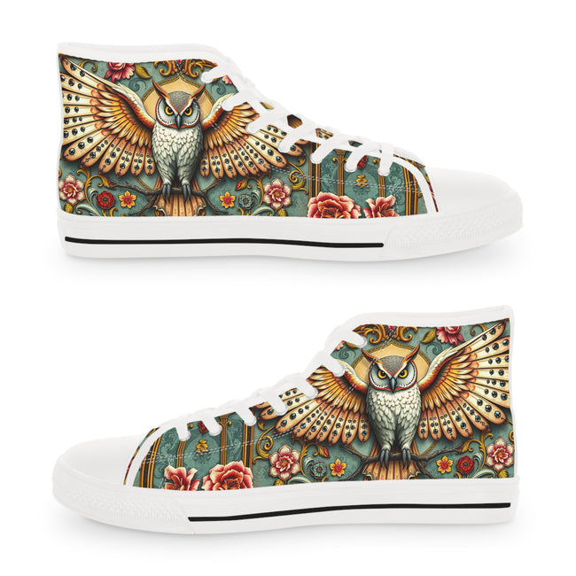 Owl Florals Shoes, Unisex High Top Sneakers, Trendy Canvas Shoes, Owl Print Footwear, Unisex Canvas Shoes, Owl Florals Sneakers, High Top Shoes | X3496